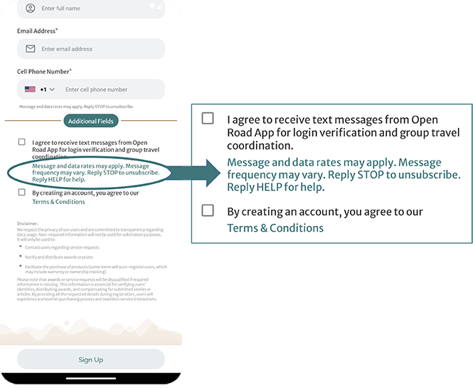 A screenshot of the Open Road App displaying the SMS acceptance checkbox.
