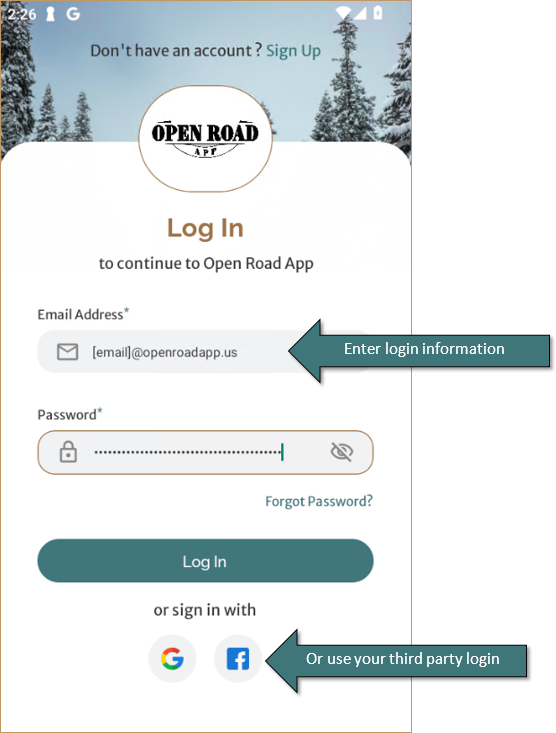 Open Road App login page with arrows pointing to places to log in. Text: enter login information or use your third party login.