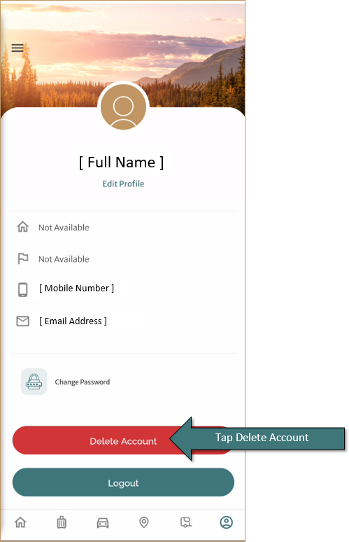 Open Road App profile page with arrow pointing to the Delete Account button. Text: tap delete account.